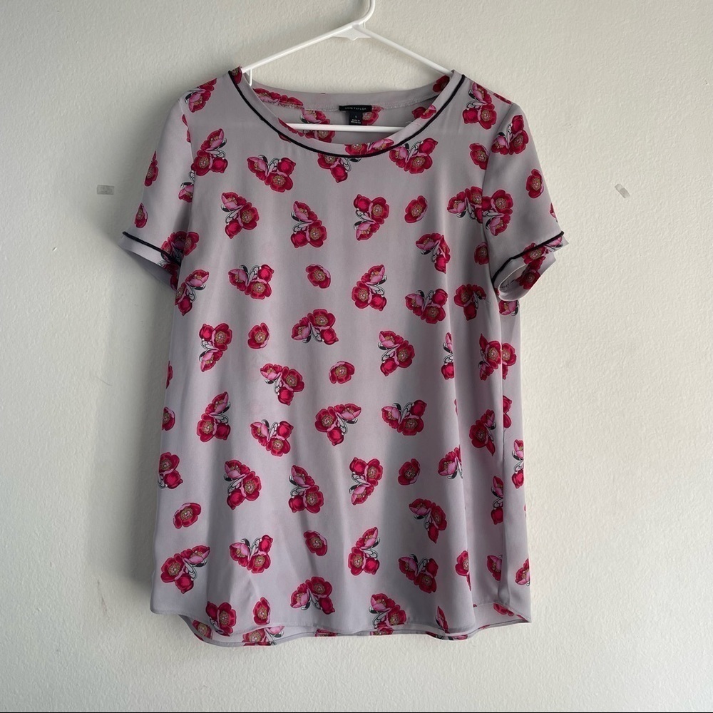 Ann Taylor poppy pink and gray bold print delicate floral blouse top